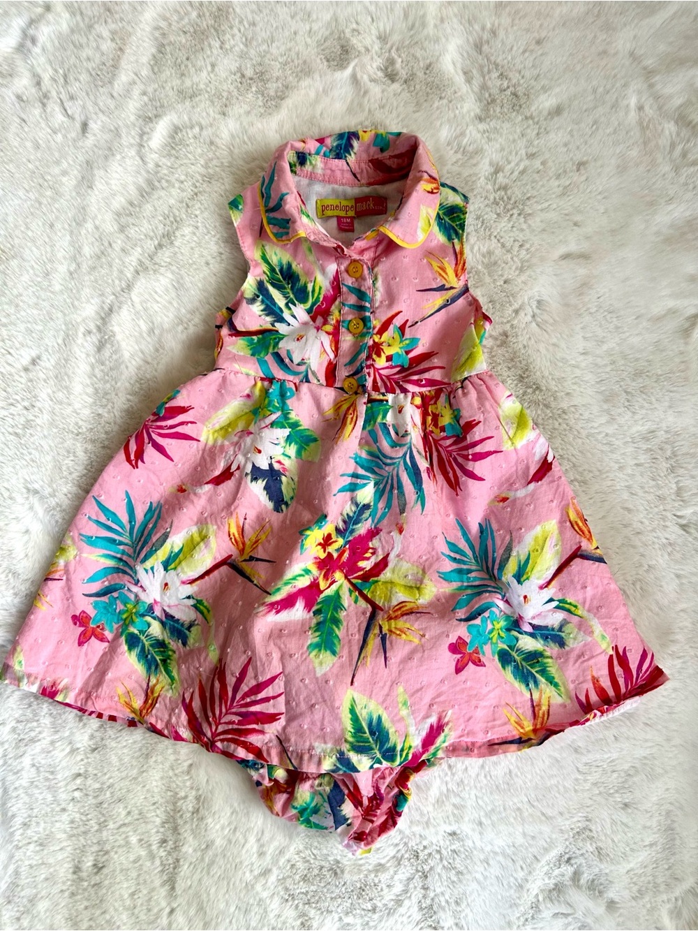 Penelope Mack Pink Tropical Floral Pointelle Sleeveless Dress & Bloomers 18 MOS
